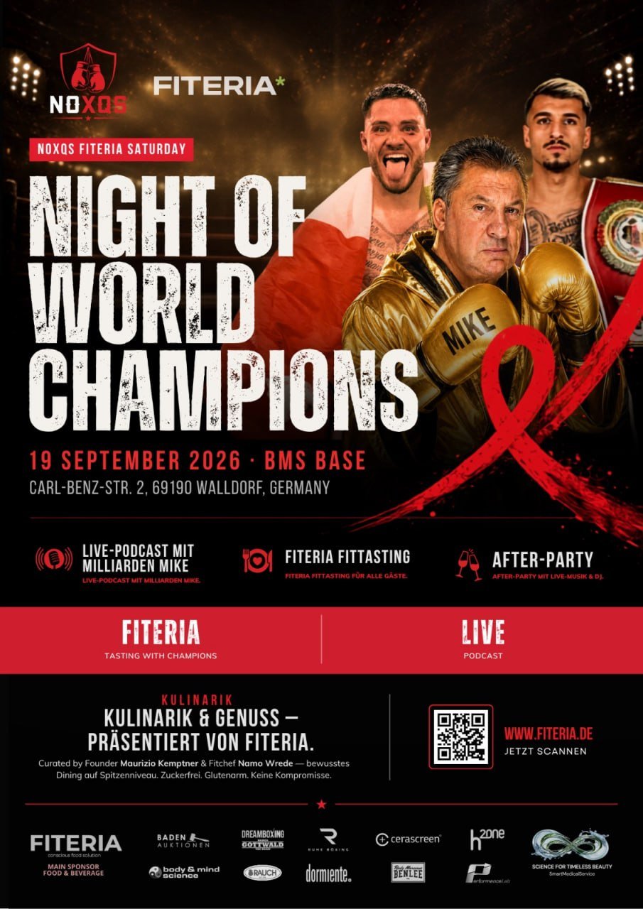 Offizieller Flyer: NOXQS Fiteria Night of World Champions, 19. September 2026, BMS Base Walldorf.